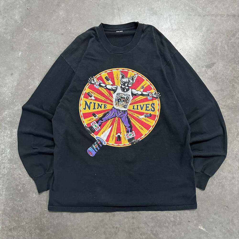 Vintage 1997 Giant Tag Nine Lives Cat Long Sleeve T Shirt 90s Graphic XL